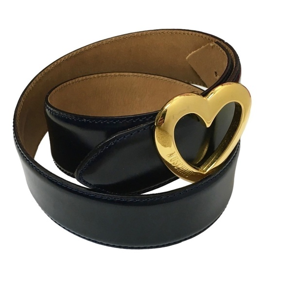MOSCHINO Vintage Heart Buckle Belt All Genuine Leather Navy Gold Size 40 *FLAW* - Picture 2 of 16